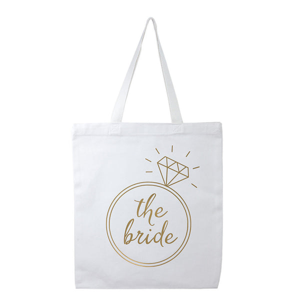 white and gold bride tote bag, bride to be gifts
