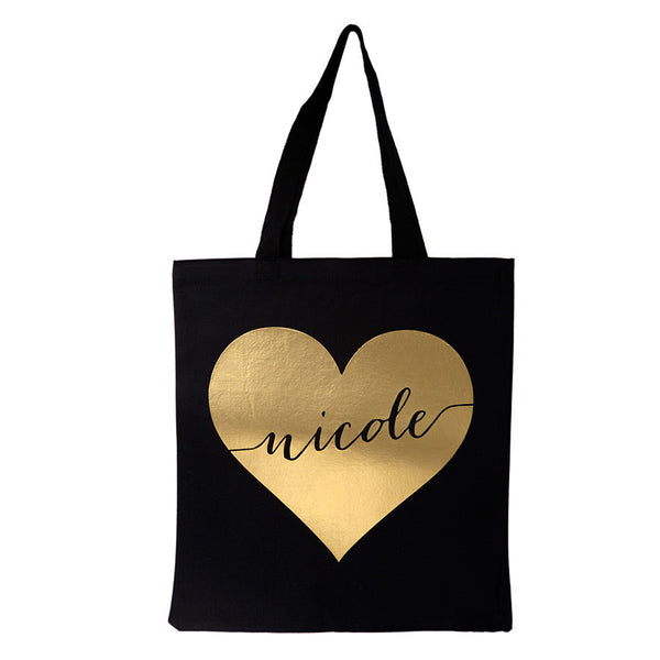 personalized gold heart tote bag, bridesmaid tote bags