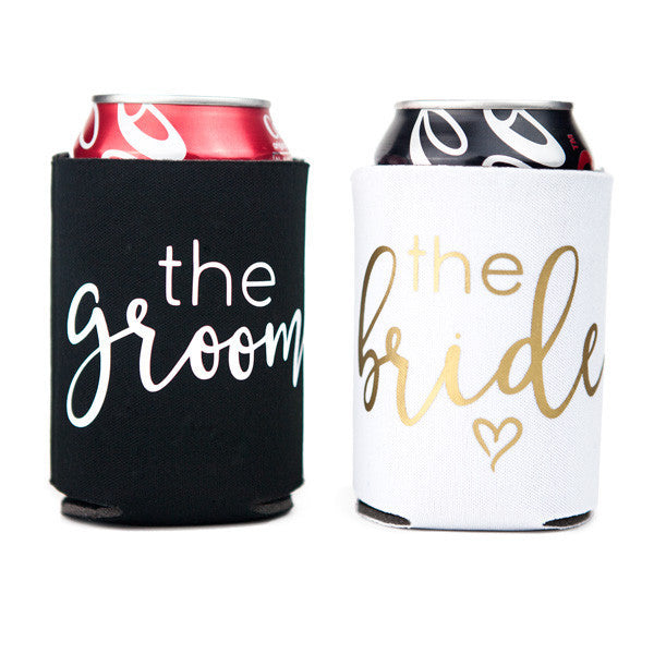 bride and groom koozies