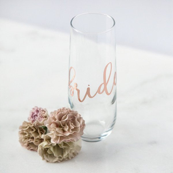 bride rose gold champagne flute