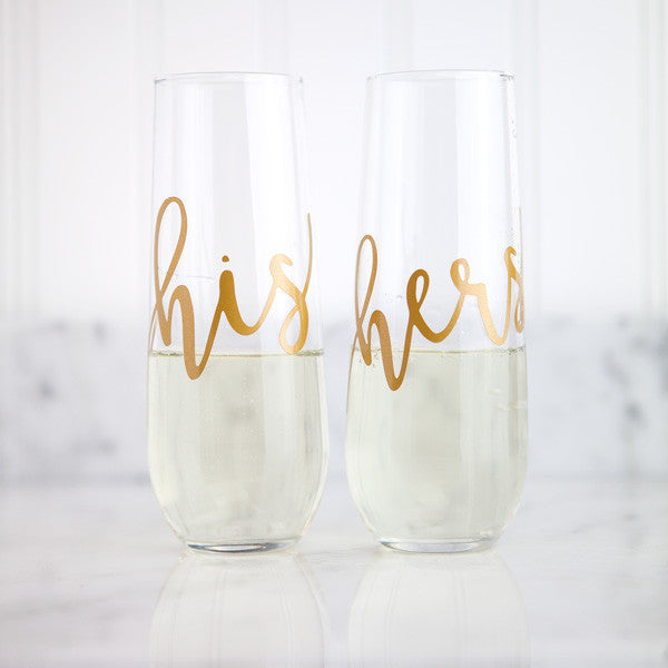 his and hers stemless gold champagne flutes