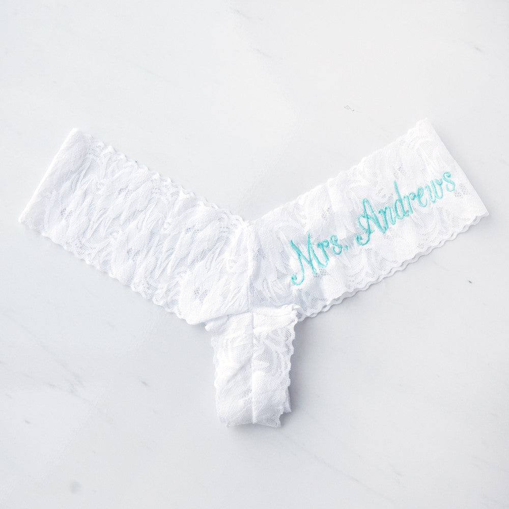 personalized lace bride panties, bridal shower gifts