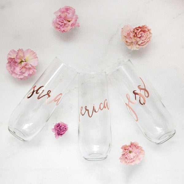 rose gold champagne flutes, bridesmaid gifts