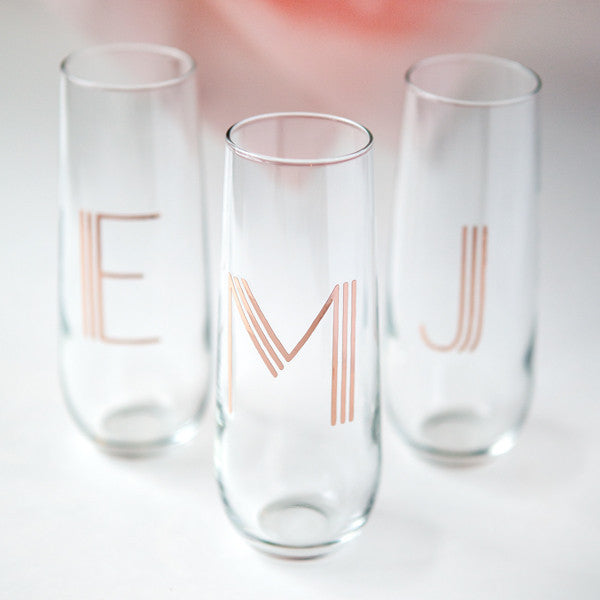 personalized stemless champagne flutes, wedding glasses, bridesmaid gifts