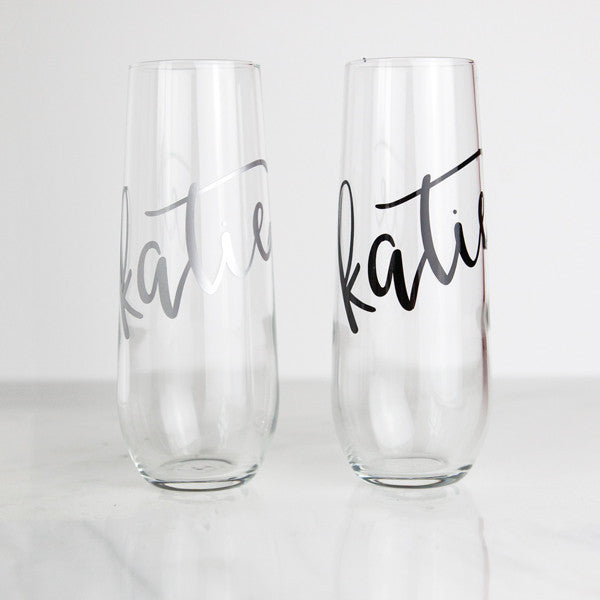 Personalized champagne flutes black and silver